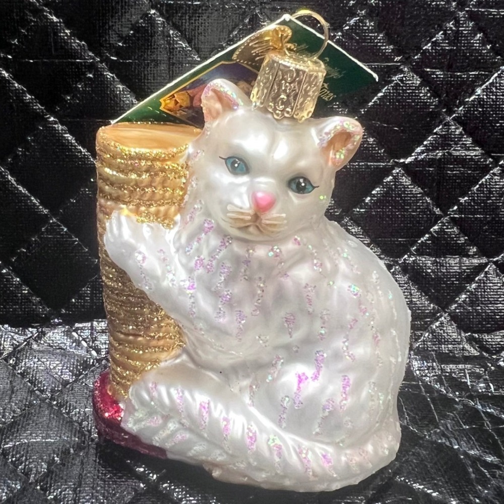 Old World Christmas Cat on Scratching‎ Post Glass Ornament White Glitter 12304